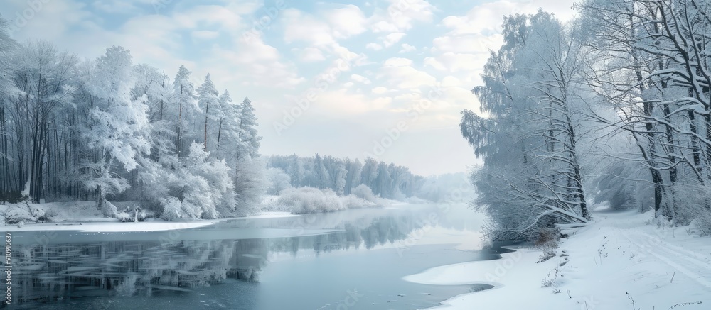 Poster Winter landscape with lovely trees and river covered in snow ideal for a copy space image