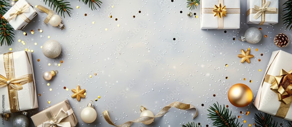 Poster festive winter background featuring a white christmas frame with gift boxes silver and gold ornament
