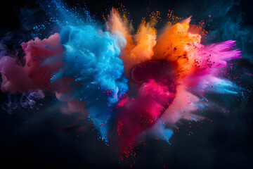 Vibrant color explosion shaped like a heart on black background, powder color cloud