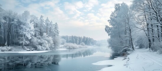 Winter landscape with lovely trees and river covered in snow ideal for a copy space image