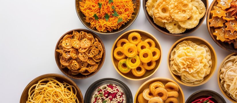 Traditional Indian Gujarati snack fafda papdi and jalebi dessert on a white background with a top view perfect for copy space image