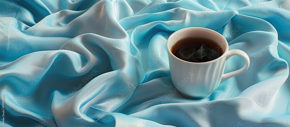 Canvas Prints Morning scene with a white cup of black coffee set against a blue textile background ideal for a copy space image