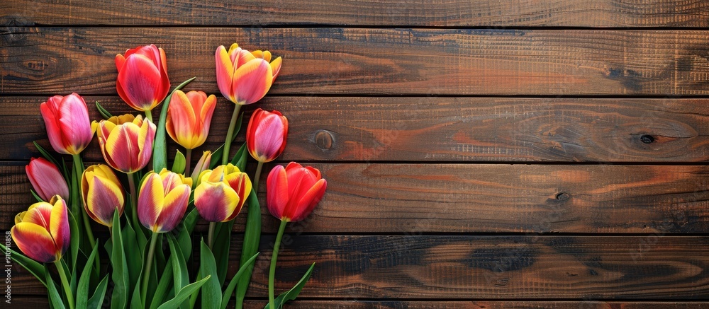 Poster tulips bloom in spring on a wooden backdrop representing gardening ideas with copy space image