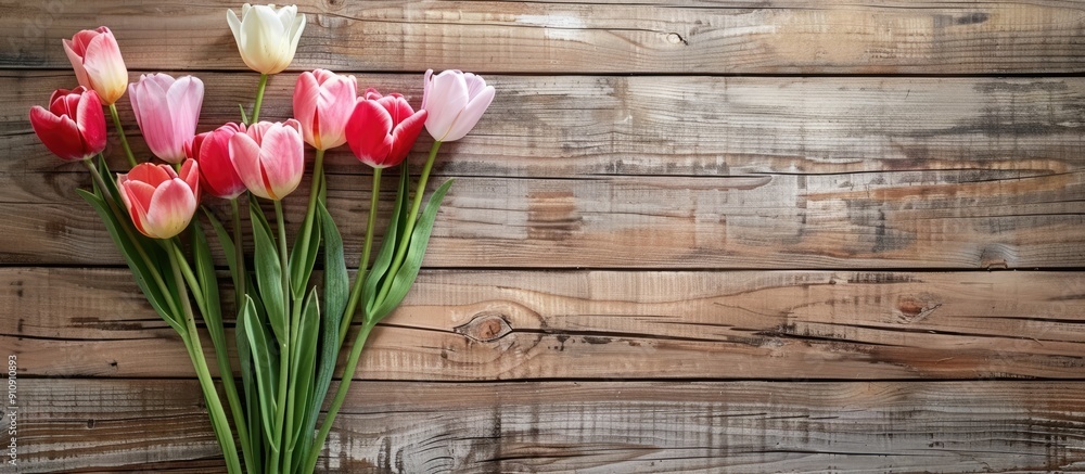 Aufkleber tulips bouquet on rustic wooden backdrop for copy space image