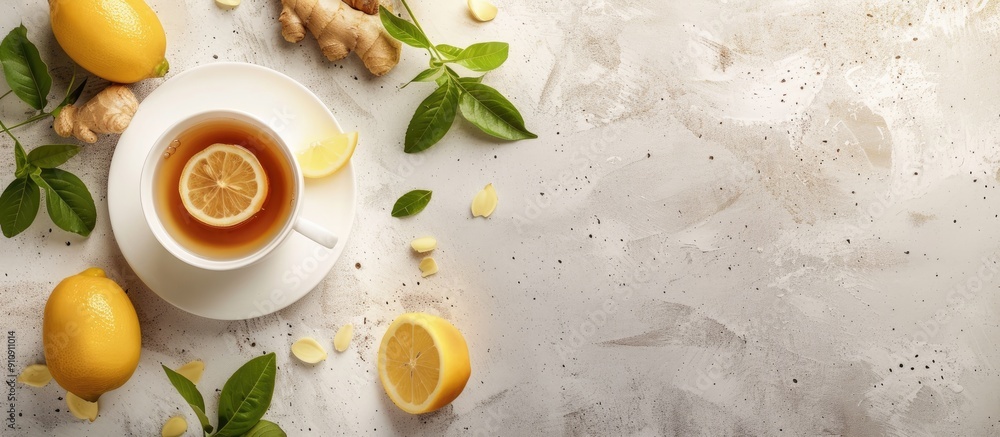 Poster Top view of tea with ginger and lemon on a light gray background offering copy space image