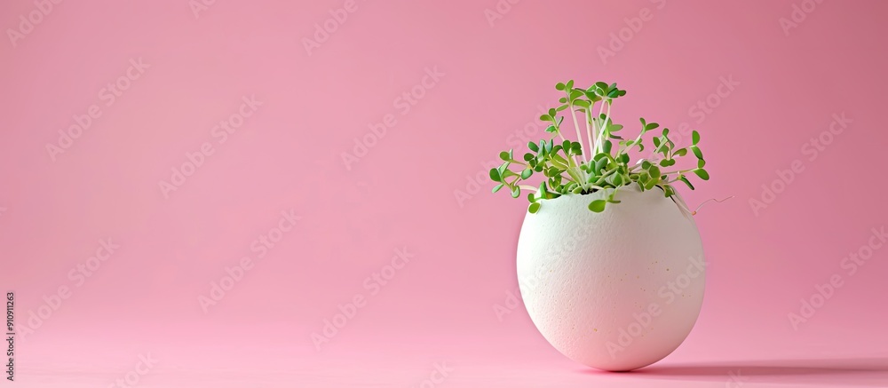 Poster easter themed image with green sprouts in a white egg against a pink background providing ample copy