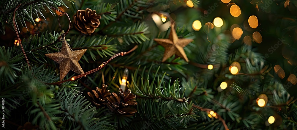 Poster a festive scene features brown stars on a fir tree backdrop with glowing garland lights creating a c