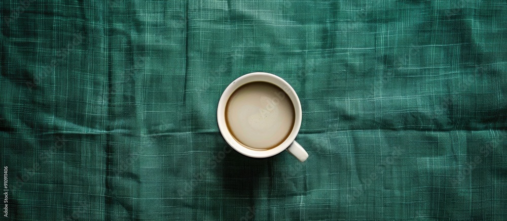 Aufkleber Top down view of a white coffee cup on a green linen surface with empty copy space image