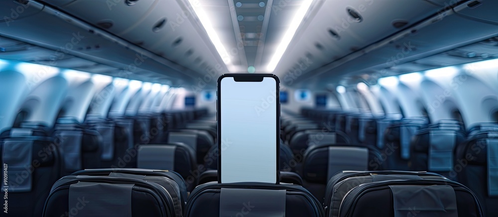 Aufkleber smartphone displayed in an aircraft cabin with copy space image