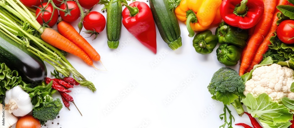 Poster Various fresh vegetables creating a frame on a white background suitable for copy space image