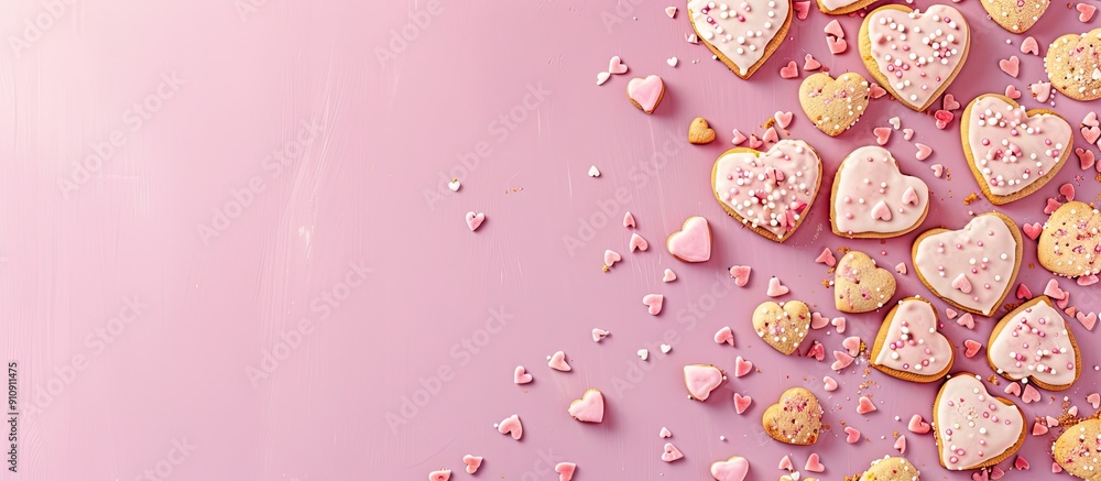 Aufkleber Valentine s theme with heart shaped cookies on a pink surface displayed as a flat lay with copy space image for text placement
