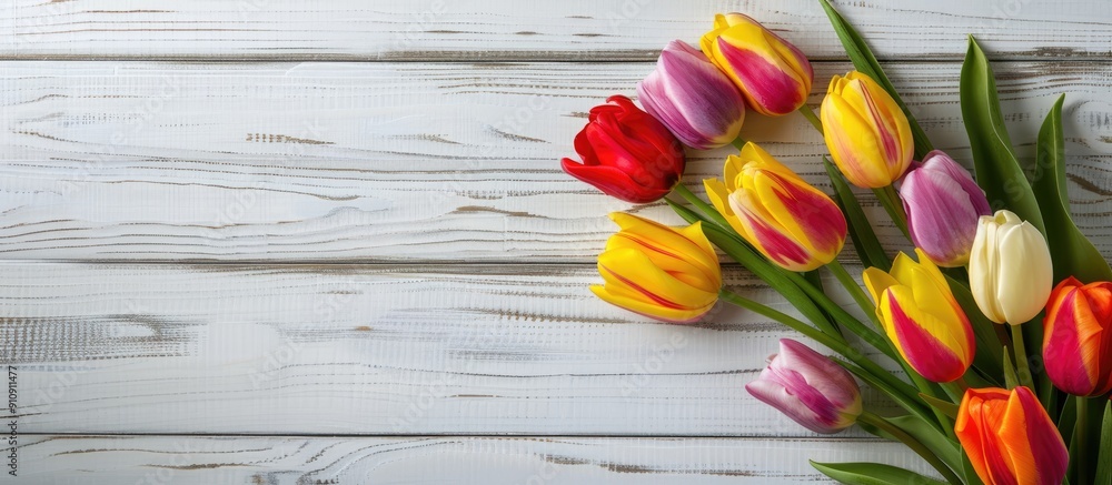 Aufkleber easter themed setting with a vibrant tulip bouquet arranged on a vintage white wooden surface creati