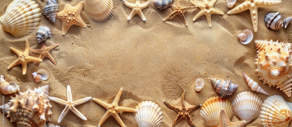 Poster A top down view shows starfish and seashells scattered on sandy beach with ample copy space image available