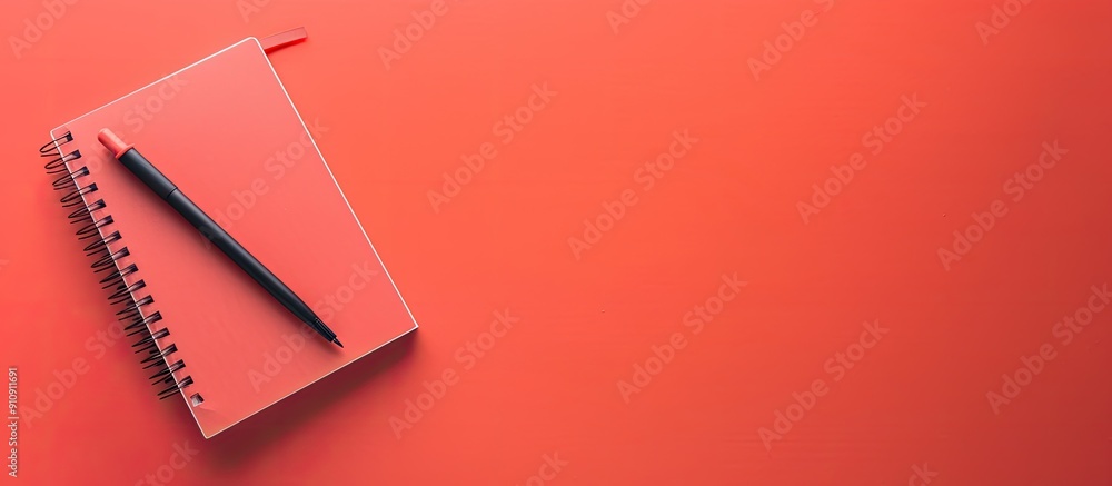 Fototapete top view of a school notebook on a living coral background placed on a table in a flat lay style wit