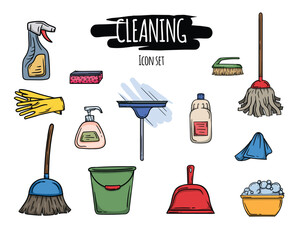 Cleaning icons set. Bright vector editable illustration of cleaning supplies, tools and items. Vector illustration