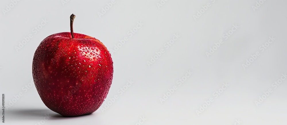 Poster Red apple on a white backdrop with blurred depth of field and selective focus allowing for text or images to be added within the composition. Creative banner. Copyspace image