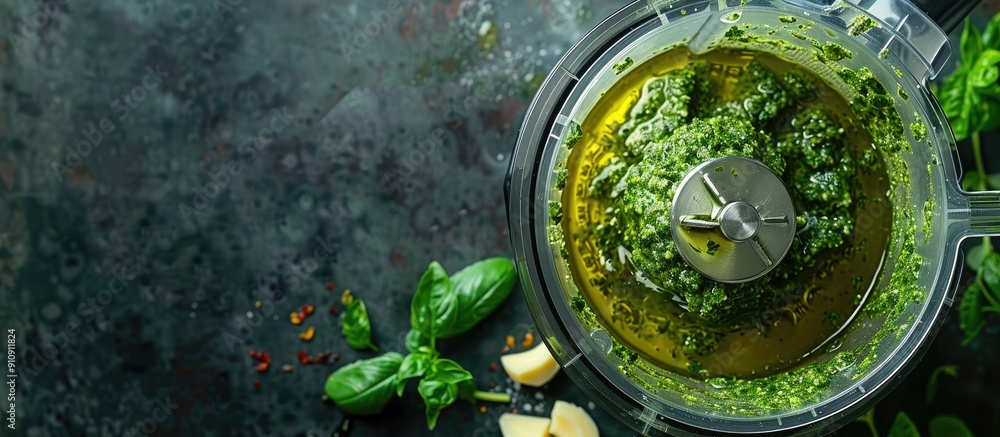 Poster ingredients for a green vegan pesto are being mixed in a food processor with olive oil filling the f
