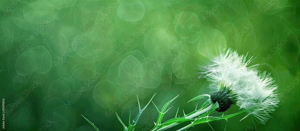 Poster An abstract green background with a fluffy thistle as a focal point ideal for a copy space image