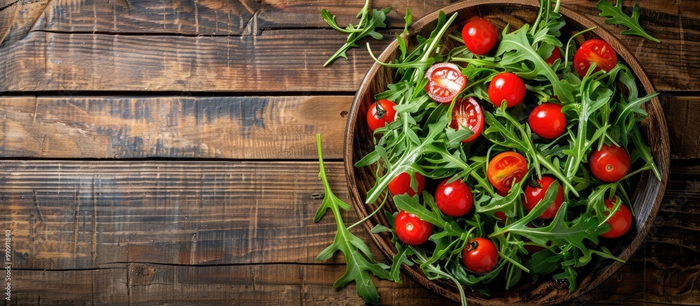 Poster Fresh salad with arugula and cherry tomatoes on a rustic wooden table showcasing a copy space image