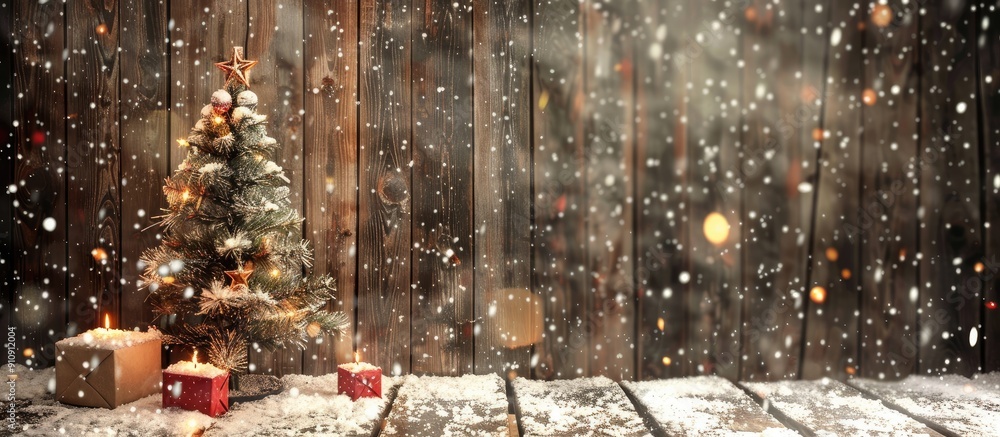 Poster a wooden background with a festive frame featuring artificial snow creating a cozy winter ambiance w