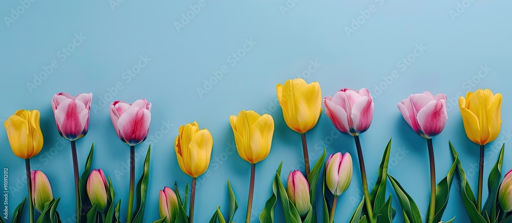 Poster spring banner featuring a floral frame of yellow and pink tulips against a blue backdrop with copy s