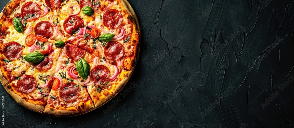 Aufkleber A table with a black background displaying a delicious pizza in the center with ample copy space image