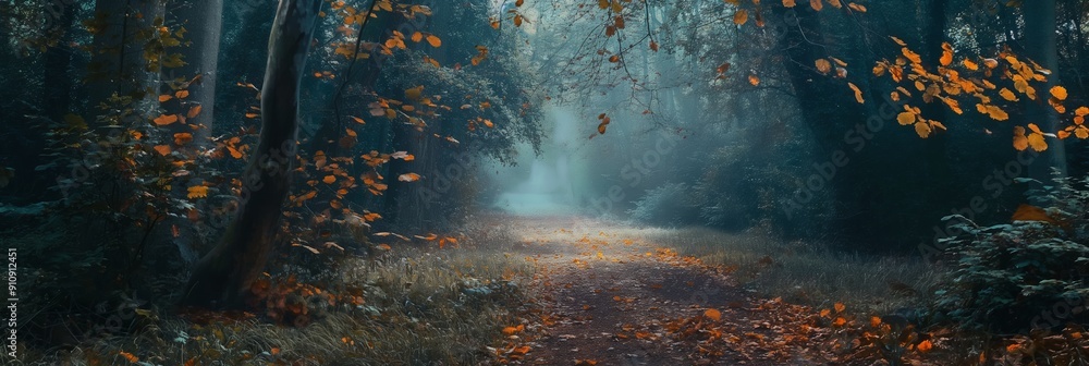 Poster a mystical forest path under an enchanting blue mist, adorned with autumn leaves and surrounded by t