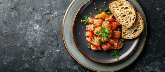 Salmon tartar on a plate with brown bread slices photographed horizontally on a black stone backdrop allowing room for text or images. Creative banner. Copyspace image
