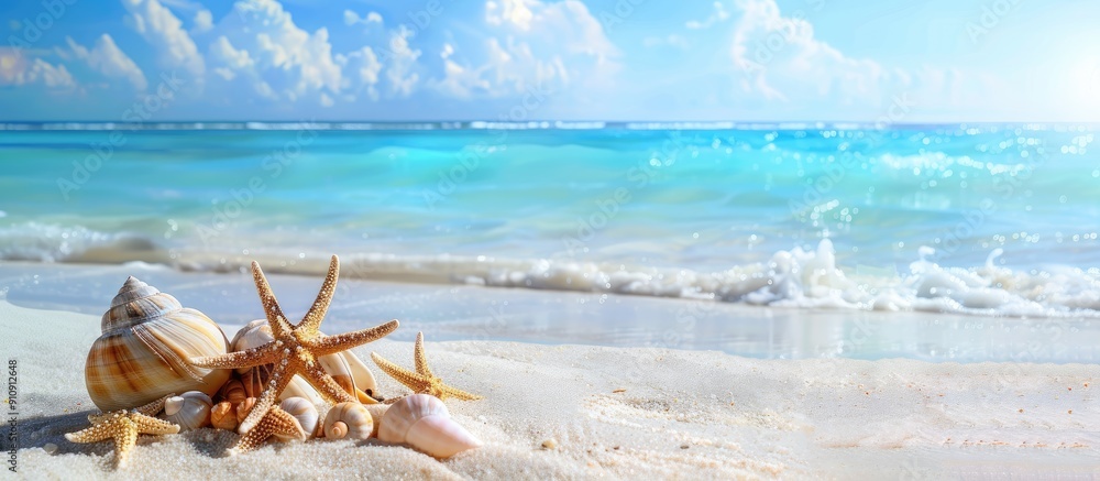 Poster the tranquil beach showcases white sand starfish coral reefs and lovely snail shells against a seren