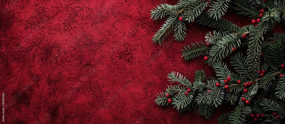 Poster Spruce tree branches on a red velvet background creating a festive Christmas decoration setting Top down view emphasizes the card concept with ample copy space image