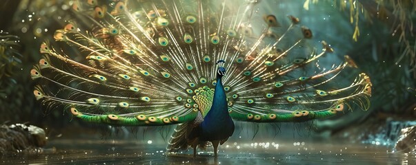 Naklejka premium Regal peacock displaying its vibrant plumage, 4K hyperrealistic photo