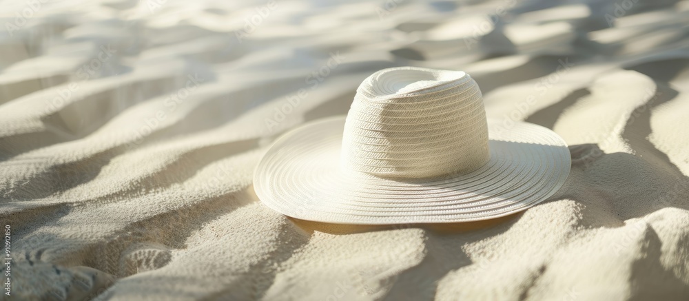 Fototapete elegant hat for women displayed on a sandy surface with a backdrop that offers space for inserting a