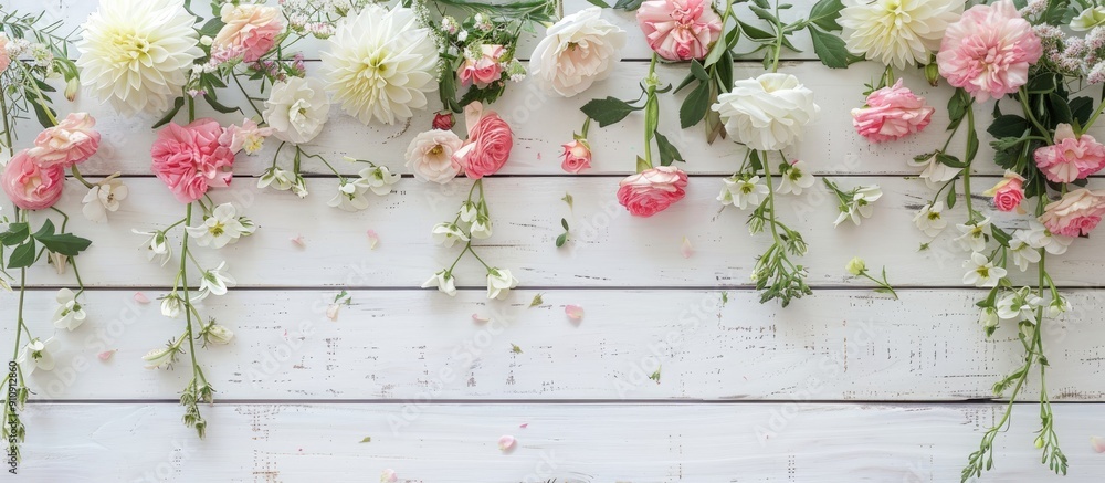 Poster flowers displayed on a white wooden backdrop with copy space image available