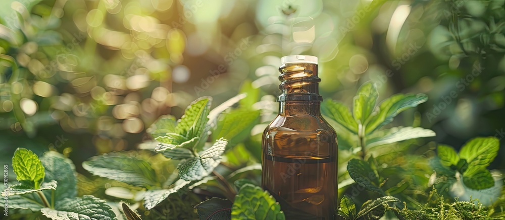 Poster selective focus on a bottled peppermint essential oil in a nature themed setting with copy space ima