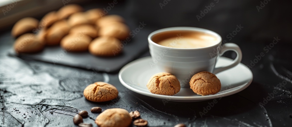 Aufkleber Selective focus on a dark background enhances a visually appealing composition of a cup of fresh coffee accompanied by Amaretti cookies creating an aesthetic copy space image