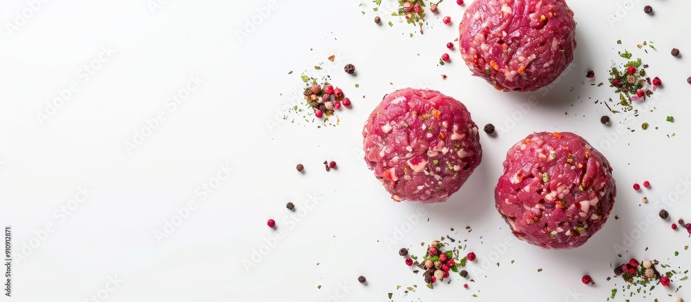 Aufkleber an overhead shot of homemade raw meat patties on a white background with room for text or other elem