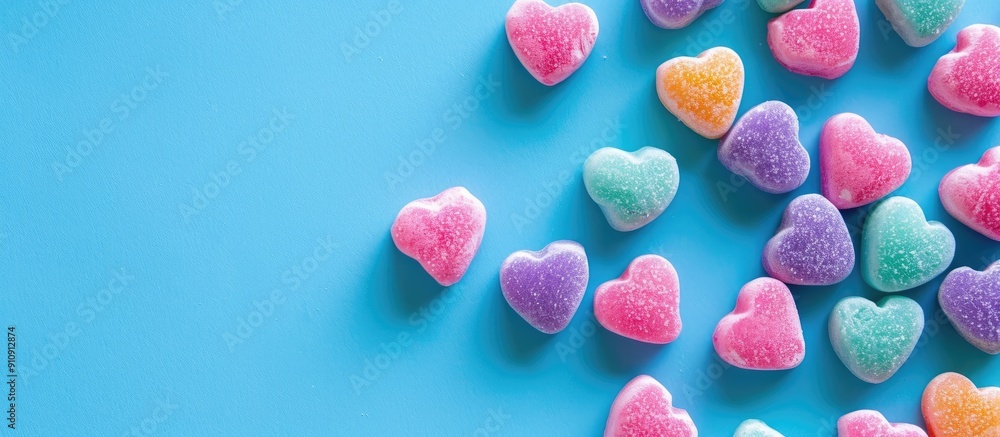 Poster Heart shaped candies on a vibrant blue backdrop with space for text or graphics top view image available. Creative banner. Copyspace image
