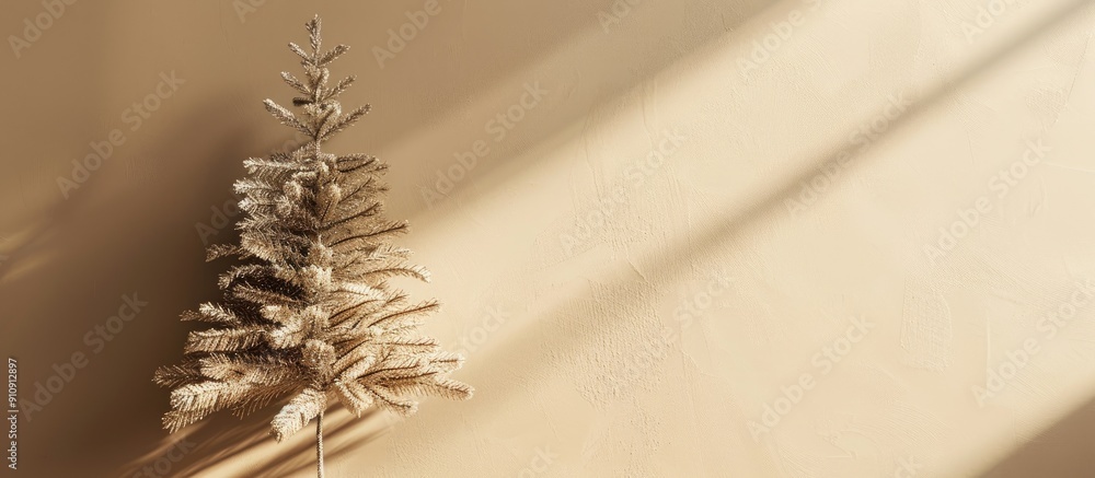 Aufkleber gold christmas tree casting hard shadows on a beige backdrop embodying a trendy minimalist geometric