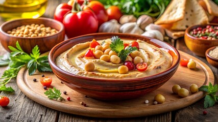 Hummus casero servido en un cuenco de cerámica, acompañado de garbanzos y especias frescas. Los colores vibrantes de los tomates y las hierbas resaltan, proporcionando una explosión de sabores mediter
