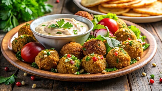 Un plato de falafel con una guarnici&oacute;n de hummus, decorado con hierbas frescas y tomates cherry. Este colorido plato del Medio Oriente es perfecto para los amantes de la cocina vegetariana, ofreciendo