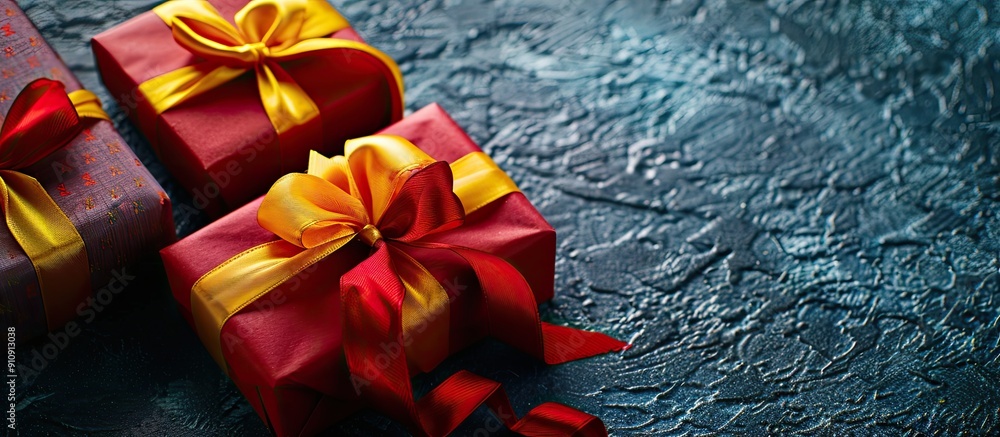 Poster festive gifts for christmas and the new year season wrapped with vibrant red and yellow ribbons suit