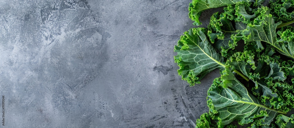 Fototapete table with grey background showcasing fresh kale leaves in a flat lay arrangement providing a blank 