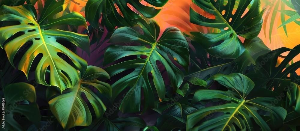 Poster monstera philodendron plant with green leaves in a tropical forest setting featuring abstract color 
