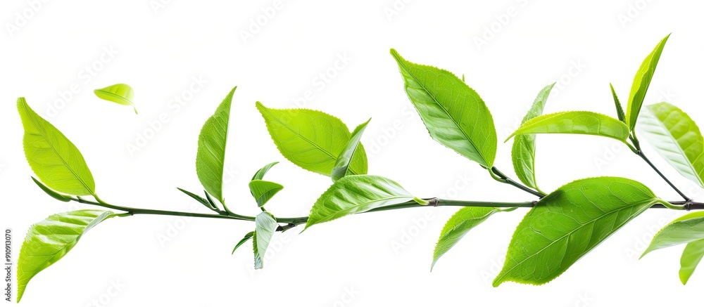 Poster fresh young green tea leaves branch on white background ideal for food concepts with clipping path a