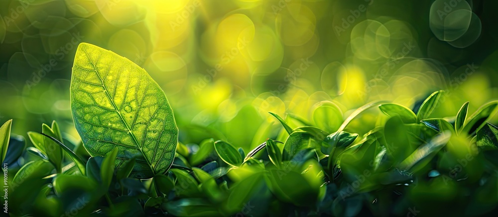 Poster green leaf with copy space image against a blurred greenery background in a garden illuminated by su