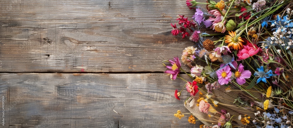 Aufkleber dry flowers arranged beautifully on a napkin against a wooden backdrop with space for adding images.