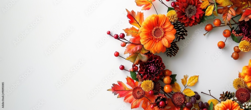 Poster a picturesque fall wreath displaying flowers berries and fruits against a white backdrop leaving roo