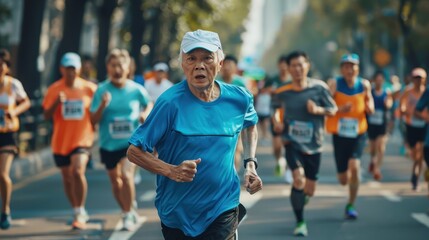 Fototapeta premium An elderly man races with determination during a lively urban marathon surrounded by younger participants
