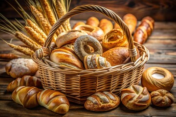 Una canasta de mimbre llena de panes recién horneados, rodeada de espigas de trigo. El surtido de panes incluye baguettes, bollos y bagels, presentando una deliciosa variedad de productos de panadería