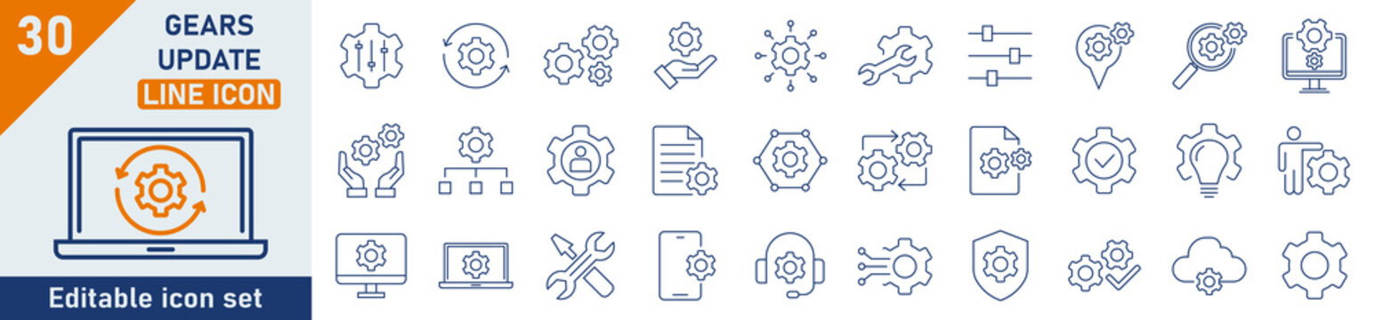 Gears line icon set. Set of 30 outline icons related to gears, control, tool, system. Linear icon collection. Gear update outline icons collection. Editable stroke. Vector illustration.